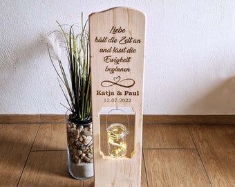 Wooden stand wedding gift personalized with name and light glass