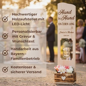 Hochzeitsgeschenk Holzschild Hand in Hand ein Leben lang personalisiert mit Namen und Datum zdjęcie 4