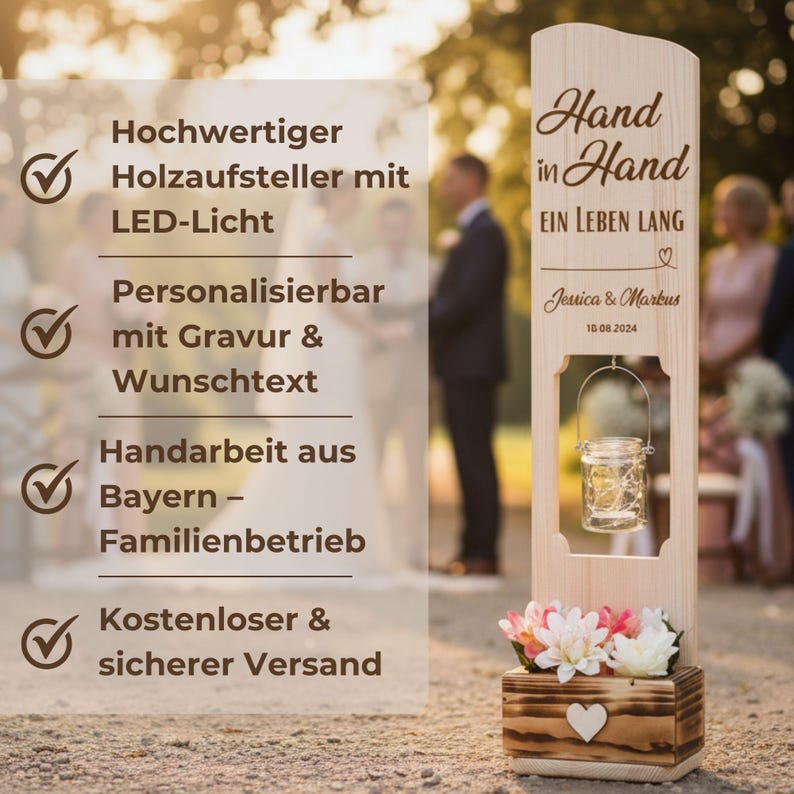 Hochzeitsgeschenk Holzschild Hand in Hand ein Leben lang personalisiert mit Namen und Datum zdjęcie 4