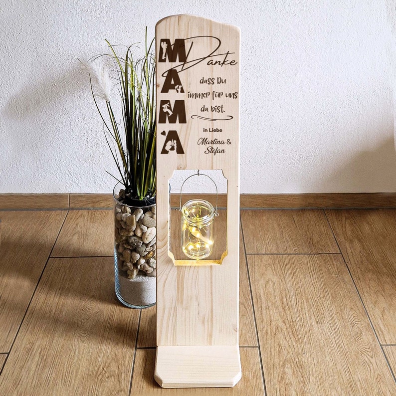 Thank you mom gift, Mother's Day gift wooden stand, wooden sign, personalized with children's names and a light glass. Holzschild