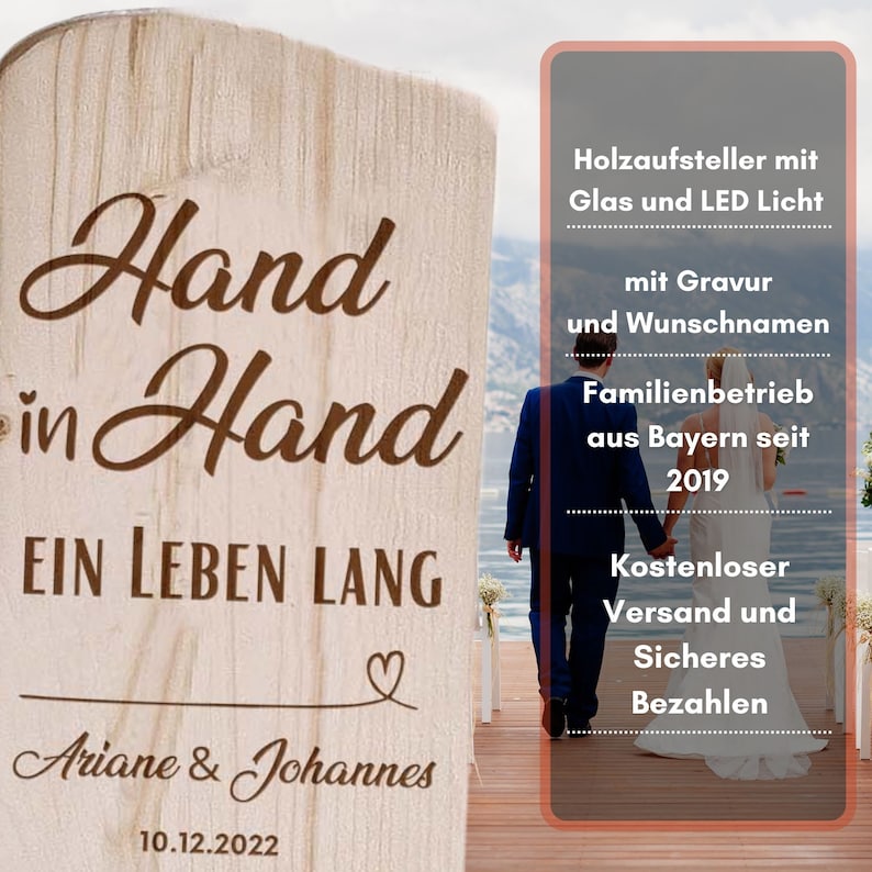 Hochzeitsgeschenk Holzschild Hand in Hand ein Leben lang personalisiert mit Namen und Datum Bild 4