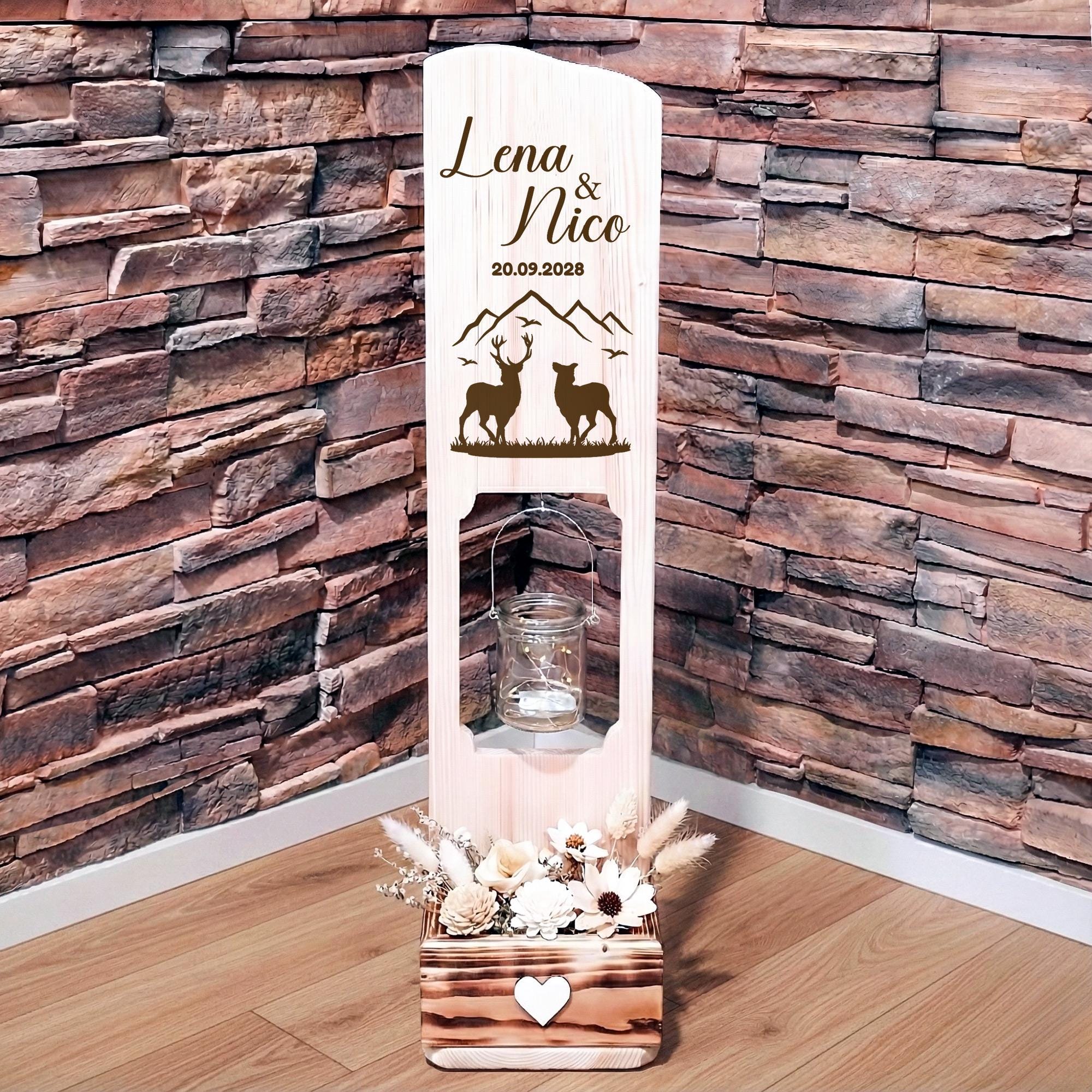 Wooden Display Stand for Wedding Gifts - Personalized With Deer Motifs, Names, and Date