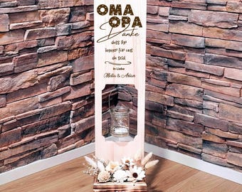 Holzaufsteller Oma und Opa Geschenk personalisiert mit Namen der Enkel und einer Laterne