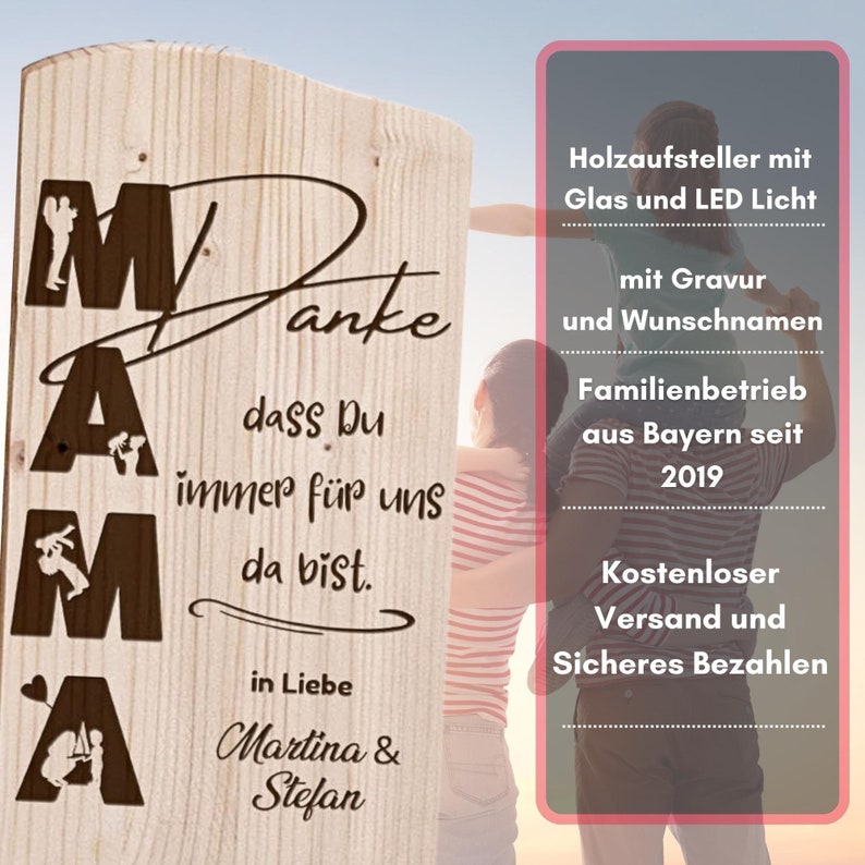 Thank you mom gift, Mother's Day gift wooden stand, wooden sign, personalized with children's names and a light glass. image 3