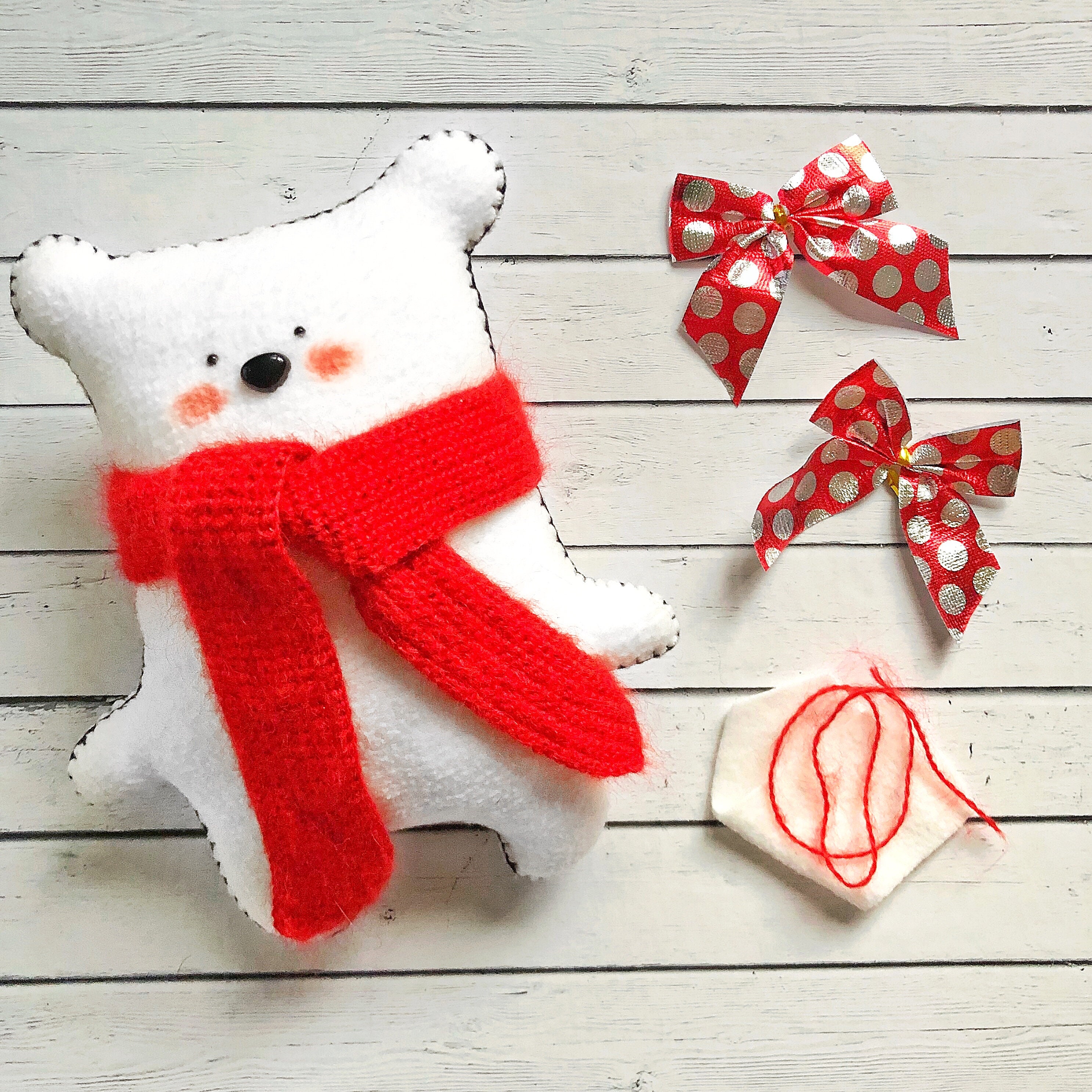 Fleece bear in a knitted red scarf Fleece animal Handmade Etsy