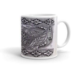 White glossy mug Side Diamonds Feather (007) Design