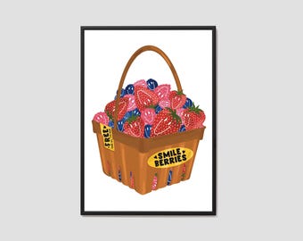 Smile Berries Print / Fun Fruit Wall Art / Happiness Wall Art / Happy Print / Smile Art / Quirky Art / Home Decor / Poster Print / Fun Art