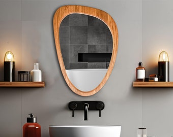 Handmade Asymmetrical Wood Mirror. Mid Century Modern Walnut or Oak