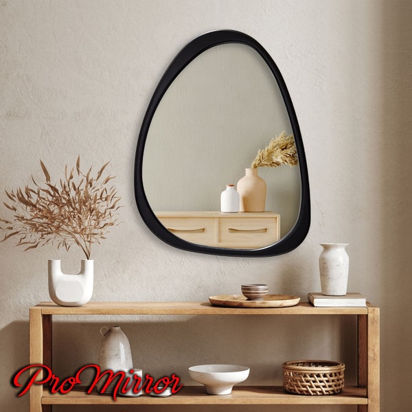 Asymmetrical Home Wall Mirror Decor, Black Frame Mid Century Style Mirror, Wood Framed Mirror, Bathroom Mirror, Living Room Large Mirror,