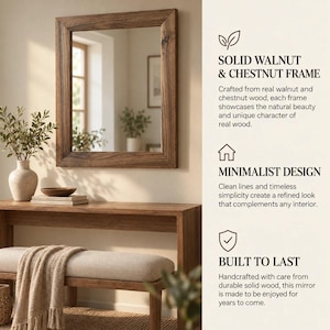 Peut inclure: Un miroir mural rectangulaire avec un cadre en bois massif de noyer et de ch&acirc;taignier. Le texte &agrave; droite indique : SOLID WALNUT & CHESTNUT FRAME, MINIMALIST DESIGN, et BUILT TO LAST, avec des d&eacute;tails sur le bois et la fabrication.