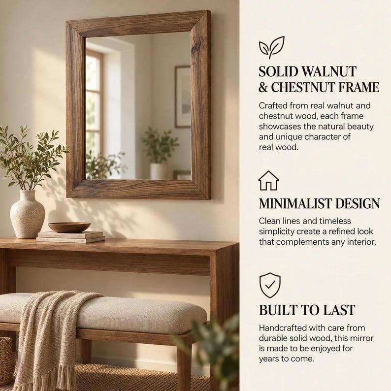 Peut inclure: Un miroir mural rectangulaire avec un cadre en bois massif de noyer et de ch&acirc;taignier. Le texte &agrave; droite indique : SOLID WALNUT & CHESTNUT FRAME, MINIMALIST DESIGN, et BUILT TO LAST, avec des d&eacute;tails sur le bois et la fabrication.