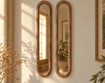 Hallway Wall Mirror, Tall Wooden Frame Mirror, Natural Wood Vanity Mirror, Curved Capsule Wall Decor, Set of Wooden Mirrors