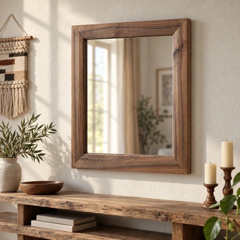Peut inclure: Un miroir mural rectangulaire dot&eacute; d'un cadre &eacute;pais en bois brun fonc&eacute; avec un grain naturel visible. Le miroir est fix&eacute; sur un mur clair et refl&egrave;te un espace int&eacute;rieur lumineux avec une fen&ecirc;tre et un tableau encadr&eacute;.