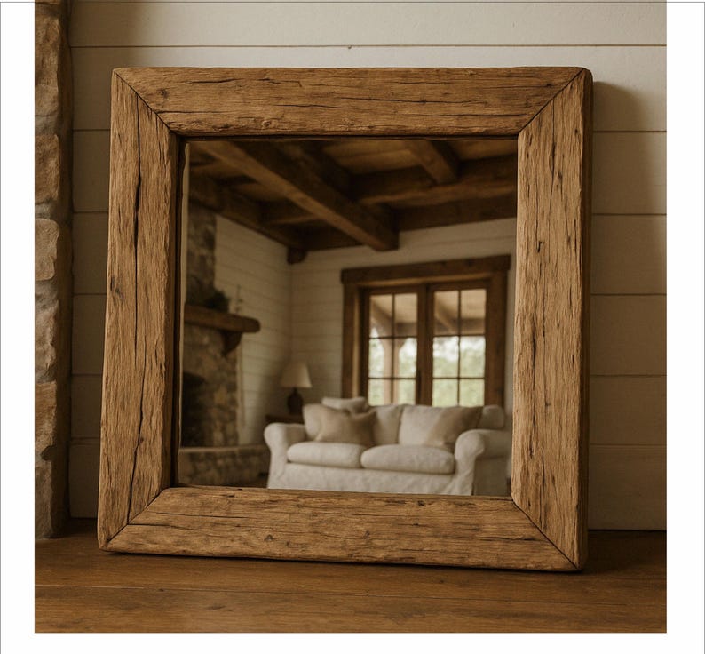 May include: Square wooden framed mirror. The frame is made of rough-hewn, light brown wood. The mirror reflects a living room with a white sofa, fireplace, and window. The mirror is resting on a wooden surface.