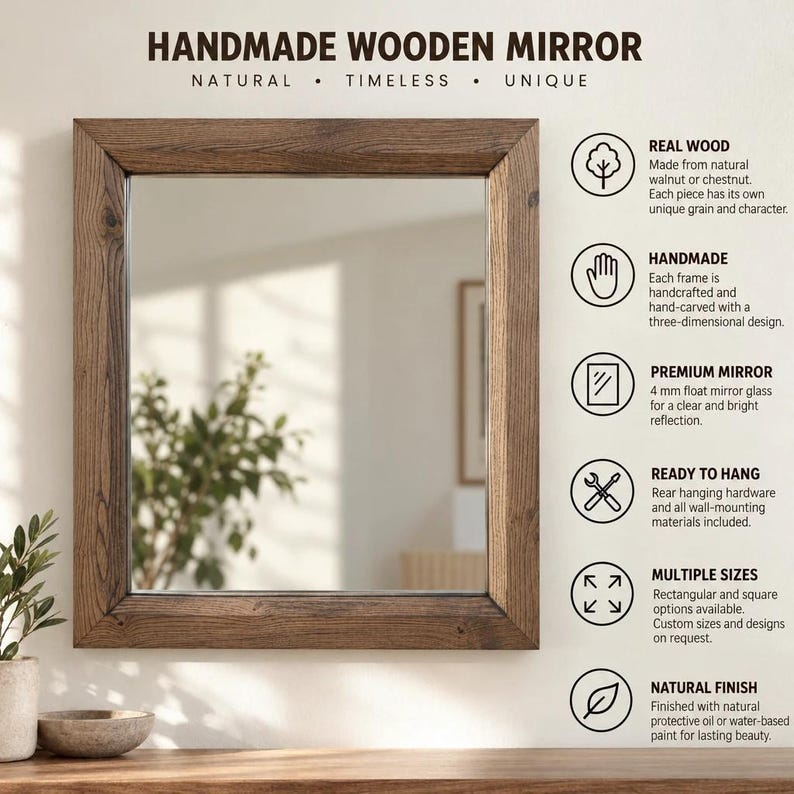 Peut inclure: Un miroir carr&eacute; avec un cadre en bois brun fonc&eacute; au grain visible. Le texte indique HANDMADE WOODEN MIRROR, NATURAL, TIMELESS, UNIQUE, REAL WOOD, HANDMADE, PREMIUM MIRROR 4 mm float mirror glass, READY TO HANG, MULTIPLE SIZES, NATURAL FINISH.