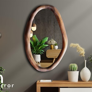 Handmade Asymmetrical Walnut Wood Framed Mirror.