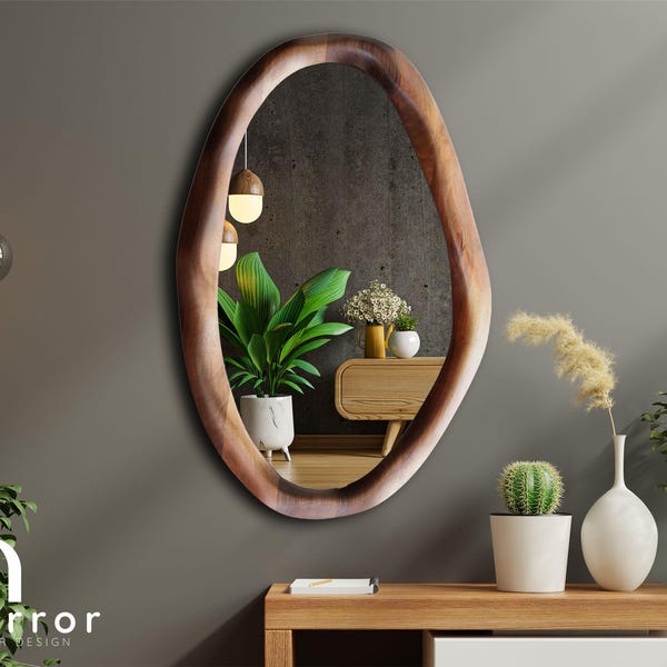 Handmade Asymmetrical Walnut Wood Framed Mirror.