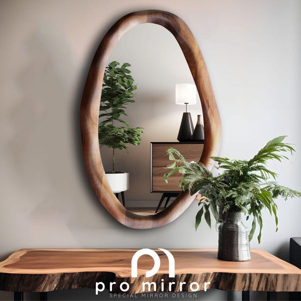 Miroir asymétrique fait main en noyer. Miroir pour console ou coiffeuse