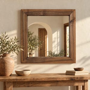 Peut inclure: Un miroir mural carr&eacute; dot&eacute; d'un cadre en bois brun fonc&eacute; avec un motif de grain visible. Le miroir refl&egrave;te un espace int&eacute;rieur avec une porte arqu&eacute;e et de la verdure. Le cadre pr&eacute;sente un design plat et large &agrave; coins ongul&eacute;s.