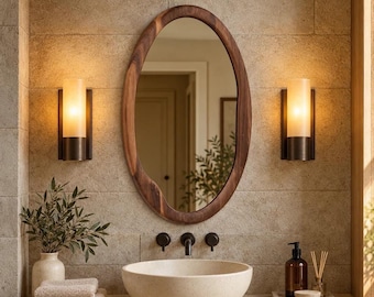Custom Asymmetrical Wood Mirror, Handmade Walnut Frame, Mid-Century Style Wall Decor