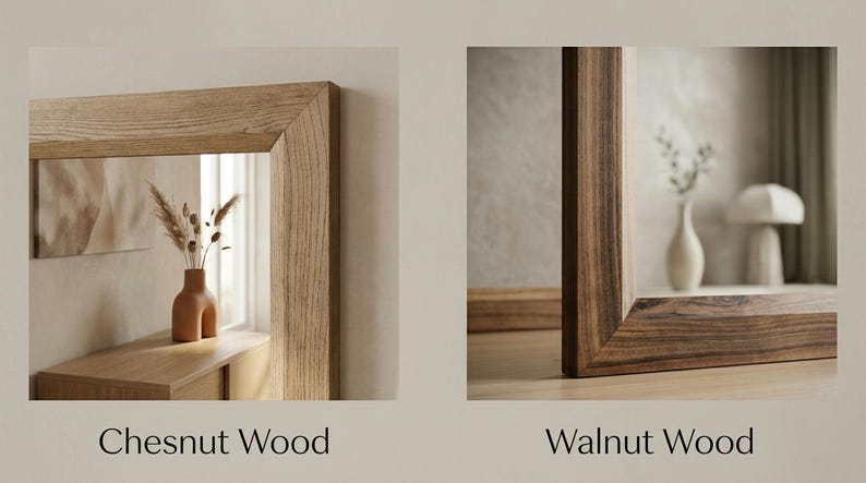 Peut inclure: Deux miroirs rectangulaires avec des cadres en bois. Le miroir de gauche pr&eacute;sente un cadre en bois de ch&acirc;taignier clair, tandis que celui de droite montre un cadre en bois de noyer fonc&eacute; avec des veines visibles. Les coins sont en onglet.