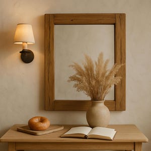 May include: A wooden table with a mirror, lamp, and decorative items. The mirror has a wooden frame. A vase with dried plants, a book, and a bagel on a wooden tray are on the table.