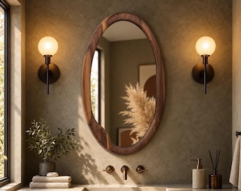 Oval Mid Century Mirror Decor, Organic Walnut Mirror,