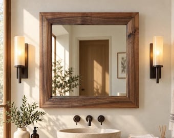 Real Wood Frame Bathroom Mirror, Rectangular Bathroom Wood Mirror, Wooden Framed Mirror, Mid Century Style Mirror,