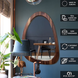 Handmade Asymmetrical Walnut Wood Mirror, Mid Century Modern