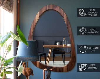 Real American Walnut Mirror, Organic Mirror, Wood Framed Mirror, Color Framed Mirror, Aesthetic Mirror, Asymmetrical Mirror