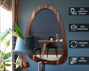 Handmade Asymmetrical Walnut Wood Mirror, Mid Century Modern