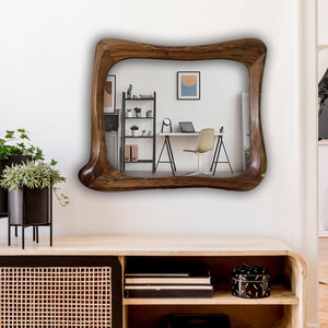 Walnut Wood Framed Mirror , Square Wooden Wall Mirror, Mid Century Wall Mirror