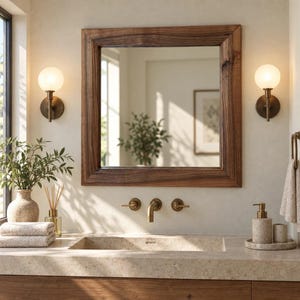 Peut inclure: Un miroir mural carr&eacute; avec un cadre en bois brun fonc&eacute;, plac&eacute; au-dessus d'un meuble-lavabo en pierre avec un robinet en laiton. Deux appliques sph&eacute;riques encadrent le miroir, tandis qu'un distributeur de savon et des serviettes sont pos&eacute;s.