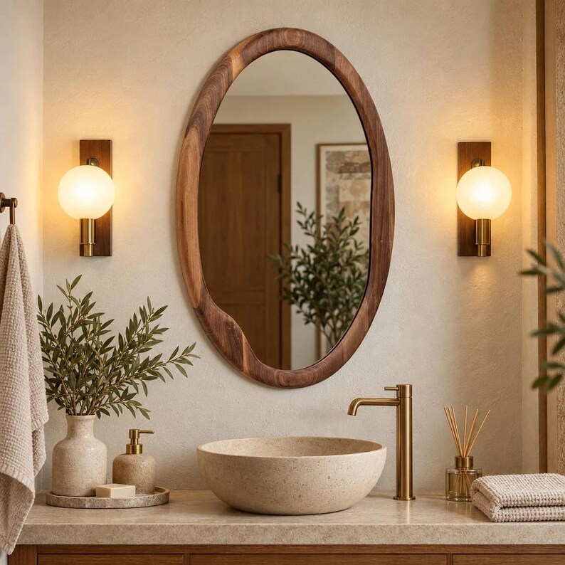May include: An oval mirror with a natural wood frame hangs above a beige stone vessel sink and a brass faucet. Two wall-mounted globe lights with wooden backplates flank the mirror. A beige vase with greenery and a soap dispenser sit nearby.