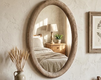Rustic Oval Mirror | Reclaimed Wood Frame | Handmade Distressed Wall Mirror | Farmhouse & Boho Home Decor