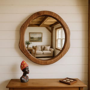 Asymetric Circular Wood Framed Mirror, Chestnut Wood Round Mirror, Bathroom Mirror.