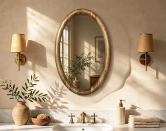 Designer Oval Mirror, Sculpted Timber Frame, Organic Form Wall Mirror, Handmade Wood Looking Glass, Custom Crafted Mirror