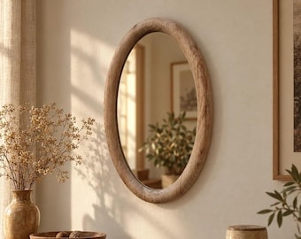 Reclaimed Wood Oval Mirror, Distressed Chestnut Wood Frame, Handmade Rustic Wall Decor