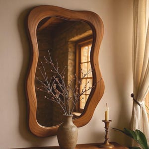 Peut inclure: Un miroir mural doté d'un cadre en bois épais aux formes ondulées et organiques, avec une finition en grain de bois naturel brun. La surface en verre réfléchissant offre une vue claire sur l'intérieur d'une pièce, incluant une fenêtre.