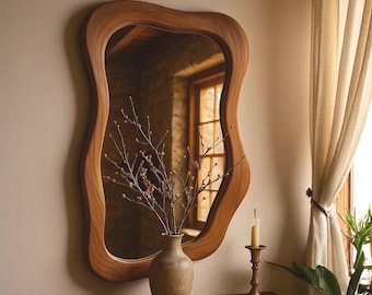 Handmade Asymmetrical Wood Framed Mirror, Asymetric Wooden Mirror.