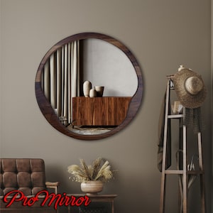 Modern Round Mirror, Wood Round Mirror, Hanmdame Mirror, Bathroom Sink Mirror,