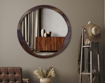 Modern Round Mirror, Wood Round Mirror, Hanmdame Mirror, Bathroom Sink Mirror,