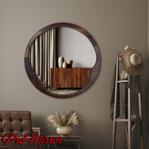 Modern Round Mirror, Wood Round Mirror, Hanmdame Mirror, Bathroom Sink Mirror,