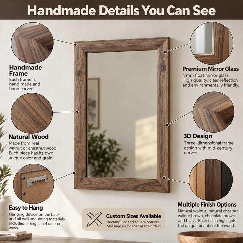 Peut inclure: Un miroir mural rectangulaire avec un cadre en bois naturel pr&eacute;sentant des motifs de grain visibles. Le cadre a un design tridimensionnel avec des bords incurv&eacute;s. Le miroir comprend un support de fixation en m&eacute;tal et du verre flott&eacute; de 4 mm.