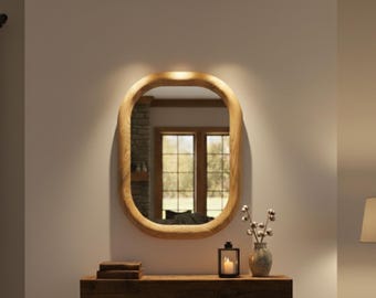Hand Carved Asymmetric Chestnut Wood Wall Mirror, Rustic Farmhouse Decor