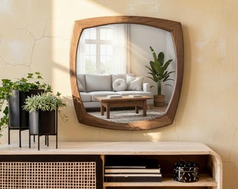 Asymmetrical Walnut Wood Framed Mirror, Mid Century Style