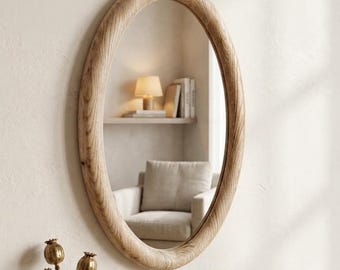 Solid Chestnut Wood Oval Mirror, Distressed Rustic Wall Decor