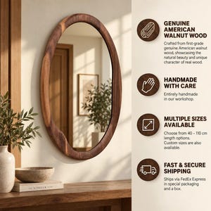 May include: An oval mirror with a dark brown American walnut wood frame. Text on the right lists features: GENUINE AMERICAN WALNUT WOOD, HANDMADE WITH CARE, MULTIPLE SIZES AVAILABLE, and FAST & SECURE SHIPPING, with details about 40-110 cm length options.