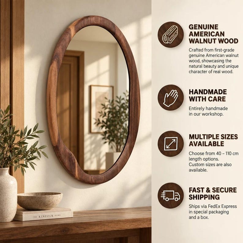 May include: An oval mirror with a dark brown American walnut wood frame. Text on the right lists features: GENUINE AMERICAN WALNUT WOOD, HANDMADE WITH CARE, MULTIPLE SIZES AVAILABLE, and FAST & SECURE SHIPPING, with details about 40-110 cm length options.