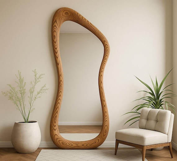 Asymmetric Chestnut Wood Full Length Mirror, Handmade